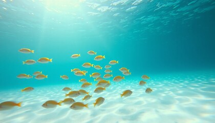 School of yellowtail fish swimming in clear ocean