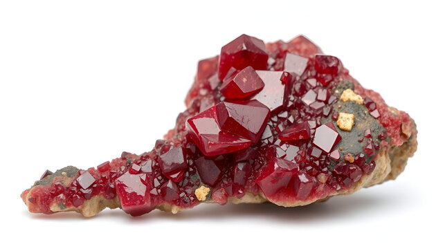 Rich red cuprite mineral specimen isolated on white background, gemstone, earthy tones, geology