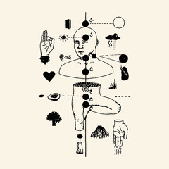 Anatomical Illustration of Human Body with Chakras and Symbols.
