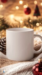Cozy White Mug on Knitted Blanket with Christmas Decorations