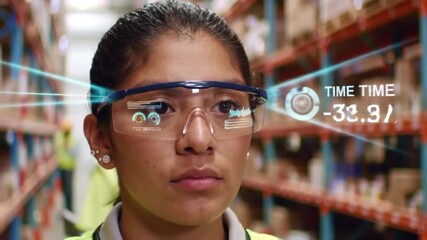 Woman wearing augmented reality glasses in a warehouse environment setting - Powered by Adobe