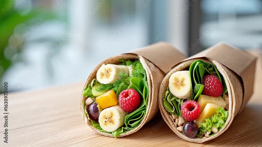 Poster quick easy lunch box meal with fresh banana raspberry grape spinach lettuce wrapped in whole grain t