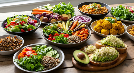 Fototapeta premium Vibrant and nutritious plant-based meal display featuring a diverse array of fresh vegetables, wholesome grains, and hearty legumes, promoting healthy eating and balanced lifestyles.