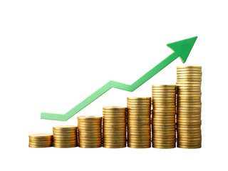 Golden coin stacks with upward green arrow isolated on a transparent background coins growth