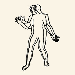 Stylized illustration of two figures in motion black ink on cream background.