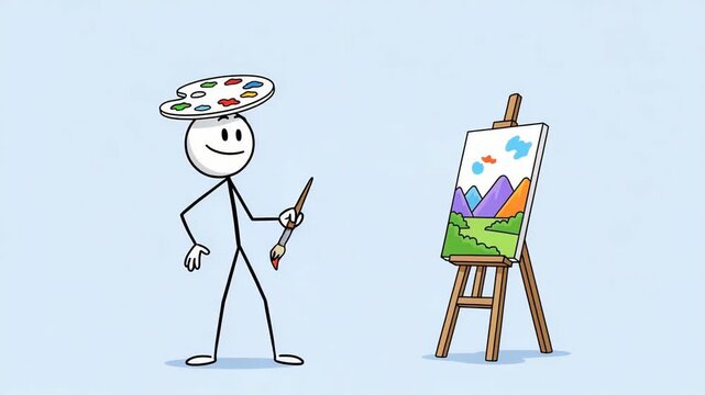 Stickman Artist Painting Colorful Landscape