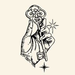 Hand Holding Ornate Key with Starbursts.