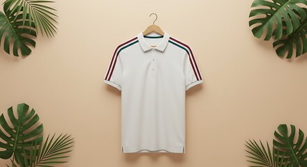 Elegant White Polo Shirt on Hanger with Tropical Leaves Background, Stylish Men's Fashion Polo Shirt with Striped Sleeves and Natural Decor, Ideal for Online Store