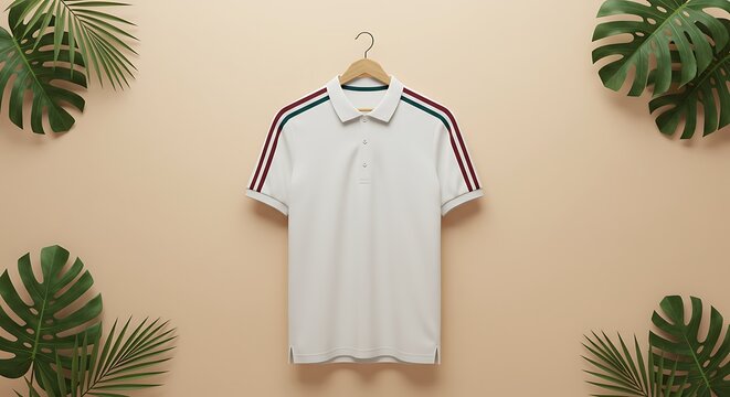 Elegant White Polo Shirt on Hanger with Tropical Leaves Background, Stylish Men's Fashion Polo Shirt with Striped Sleeves and Natural Decor, Ideal for Online Store - Powered by Adobe