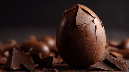 A cracked chocolate Easter egg with some pieces scattered around it, on a black background
