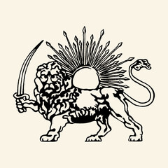 Majestic Lion with Sword and Sun Emblem.
