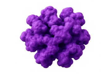 Rotating purple molecule structure set against a transparent background, illustrating concepts in science and medicine with vibrant detail