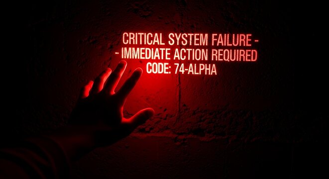A hand reaching for a glowing red sign that reads 'Critical System Failure - Immediate Action Required Code: 74-Alpha'.