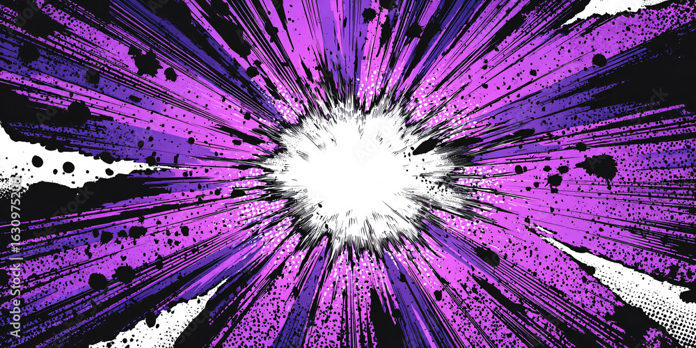 Poster pop art style background in the form of a purple explosion with white light. halftone and spot effec