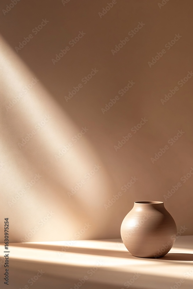 Poster beige ceramic vase with a minimal design placed on a surface with natural sunlight and shadow. empty