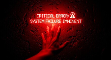 A red-lit warning message of critical error and imminent system failure with a hand reaching out.