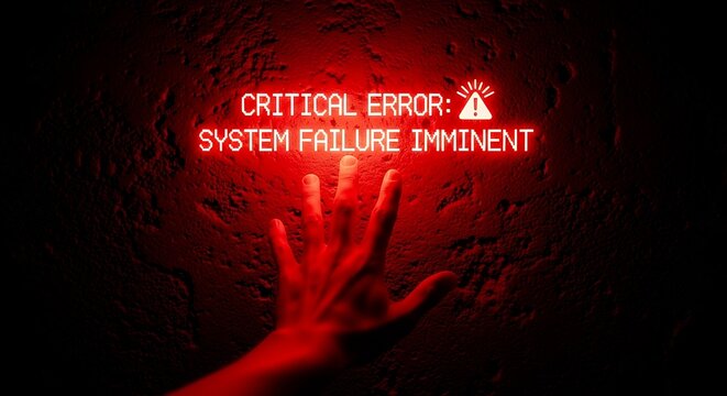 A red-lit warning message of critical error and imminent system failure with a hand reaching out.