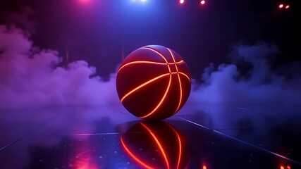 Dynamic basketball glows with neon energy on a smoky, reflective court under stadium lights - Powered by Adobe