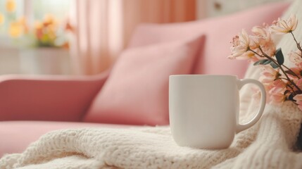 Cozy Living Room Scene with Coffee Mug and Flowers on Sofa