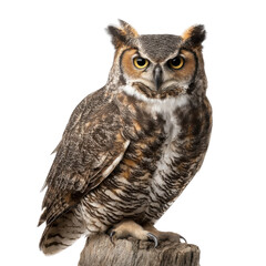 Naklejka premium Majestic Great Horned Owl Perched on a Natural Wooden Stump