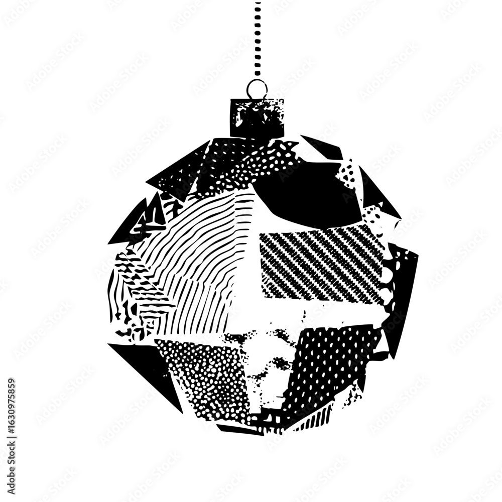 Poster vector geometric ornament with patterned sections hangs from a dotted string.