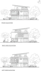 Naklejka premium Architectural elevations of a modern multi story house with trees and landscaping showing front side and rear views