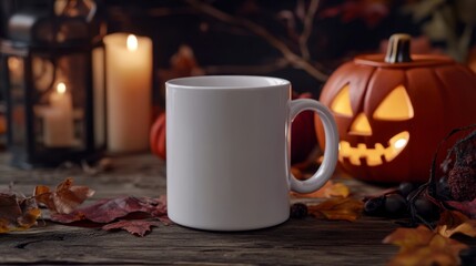 Fototapeta premium Cozy Autumn Scene with Pumpkin, Candles, and Blank Coffee Mug