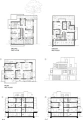 Architectural floor plans and elevations showcasing modern residential building design with detailed blueprints and construction drawings