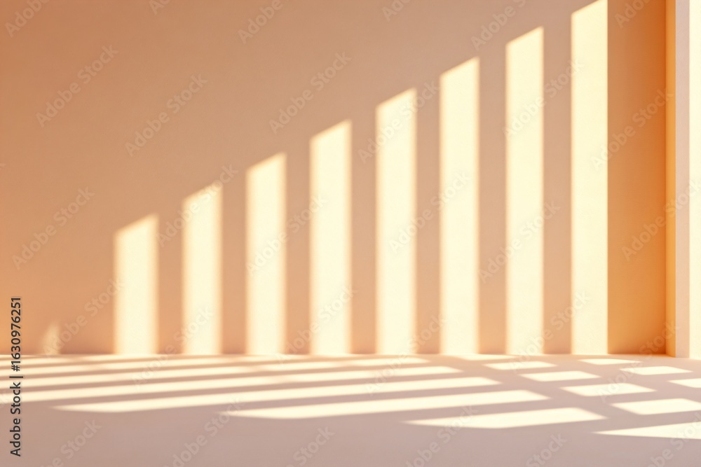 Poster empty room with clean wall and floor lit by strong sunlight, creating abstract shadow patterns, for 
