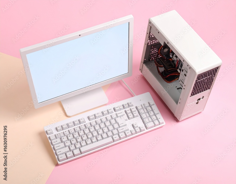 Fototapete minimalist white desktop computer setup with an open case and a blank screen on a pastel pink backgr