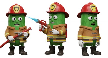 Cartoon pickles dressed as firefighters