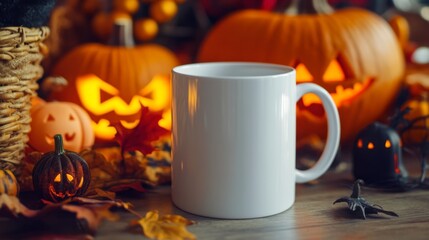 White Mug Surrounded by Halloween Decorations with Pumpkins and Lights