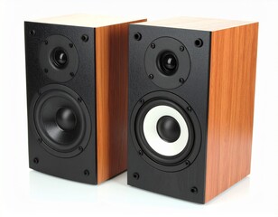 Fototapeta premium A pair of high-fidelity bookshelf speakers with a wooden cabinet finish. Modern stereo audio equipment for music and sound reproduction isolated on a white background.
