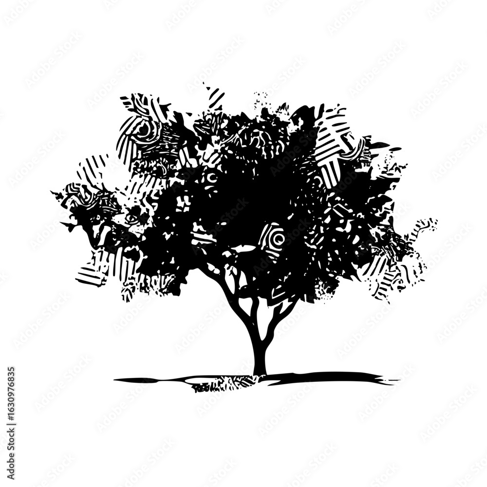 Poster vector intricate tree features detailed foliage and a stylized trunk.