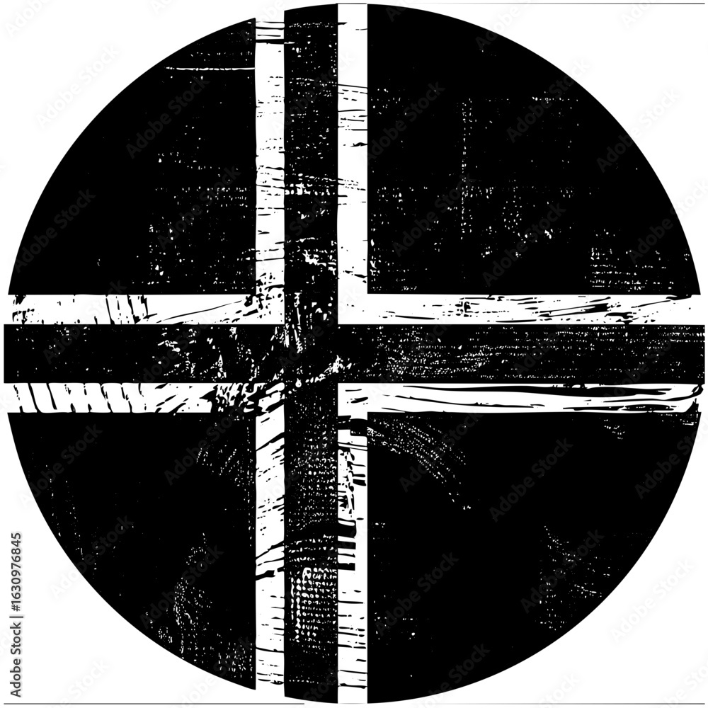 Poster vector abstract cross with distressed vector lines within a circular frame.