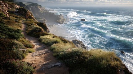 A sun-dappled coastal trail winds along rugged cliffs overlooking a turbulent ocean, waves crashing against rocky shores.  Sunlight illuminates the vegetation