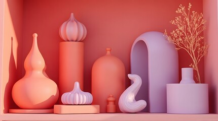 Monochromatic Still Life with Rounded Coral and Lavender Shapes