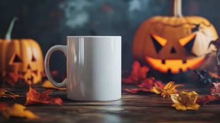 Blank White Coffee Mug Surrounded by Halloween Pumpkins and Leaves