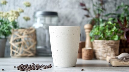 Cozy Kitchen Scene with White Cup and Coffee Beans on Wooden Table