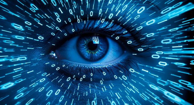 Abstract blue eye with binary code radiating outwards. - Powered by Adobe