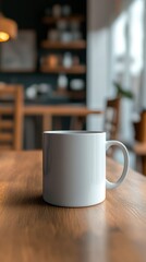 Fototapeta premium Simple White Coffee Mug on Wooden Table in Cozy Cafe Setting