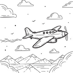 A simple coloring book style line drawing of a small airplane with a propeller flying over mountains and water with clouds in the sky..