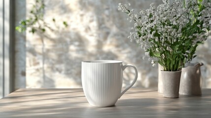 Elegant White Mug on a Wooden Table with a Floral Arrangement