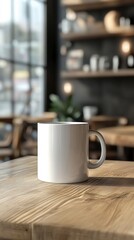 Fototapeta premium Blank white coffee mug on wooden table in cozy cafe setting