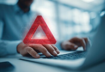 Red triangle graphic hovers over a person's hands typing on a laptop