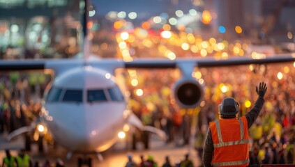 Crowded airport scene; plane arrival