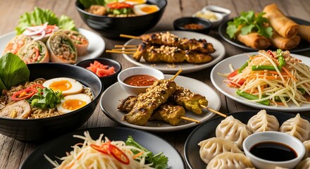 Obraz premium Delicious Asian food feast showcasing vibrant dishes like satay, ramen, spring rolls and dumplings