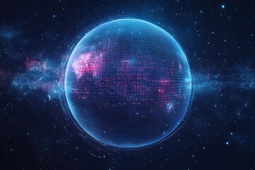 Stunning digital sphere with glowing grid and vibrant data streams in outer space setting
