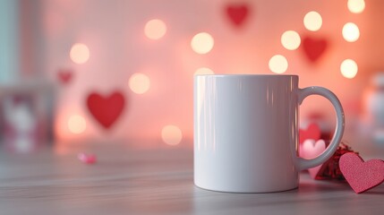 Obraz premium White Coffee Mug on Table with Hearts and Bokeh Background