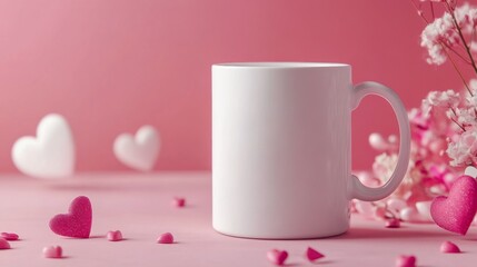 Blank White Mug on Pink Surface with Hearts and Flowers Decor